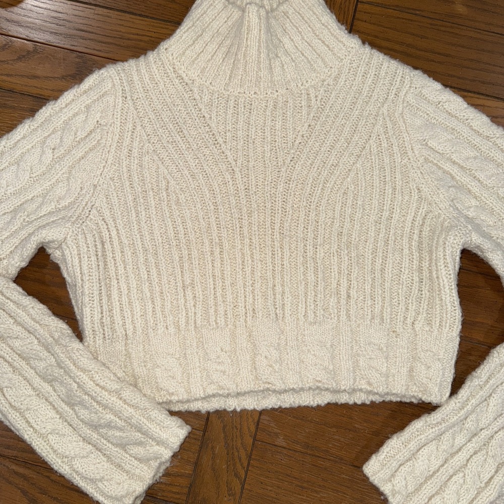 Cropped Cream Cable-Knit Turtleneck Sweater